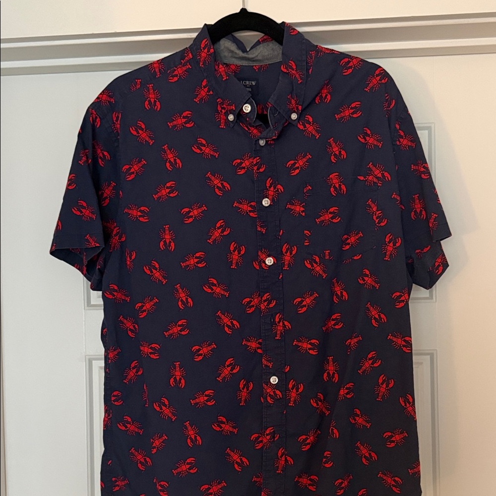 J. Crew Navy Short-Sleeve Button-Up Shirt with Red Lobster Print